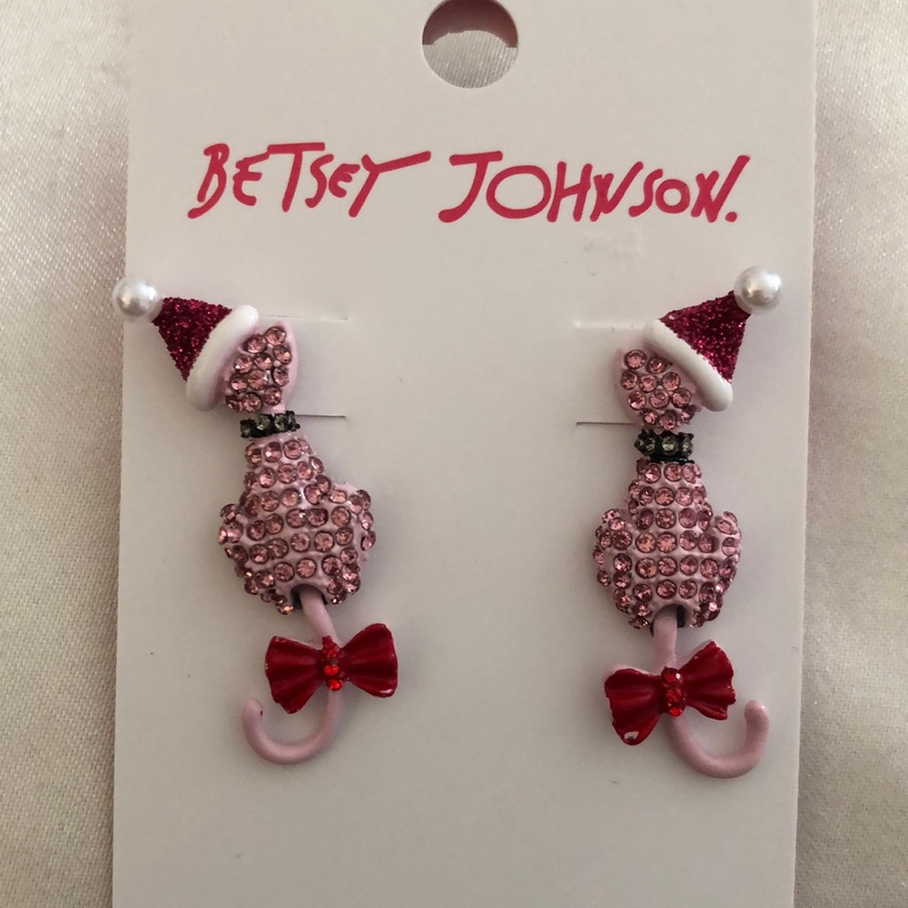 Betsey Johnson Pink Enamel & Crystal Santa Cat Drop Earrings Movable Tail NWT